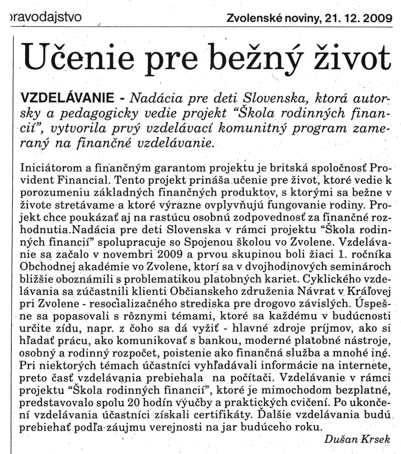 článok Zvolenských novín z 21. 12. 2009