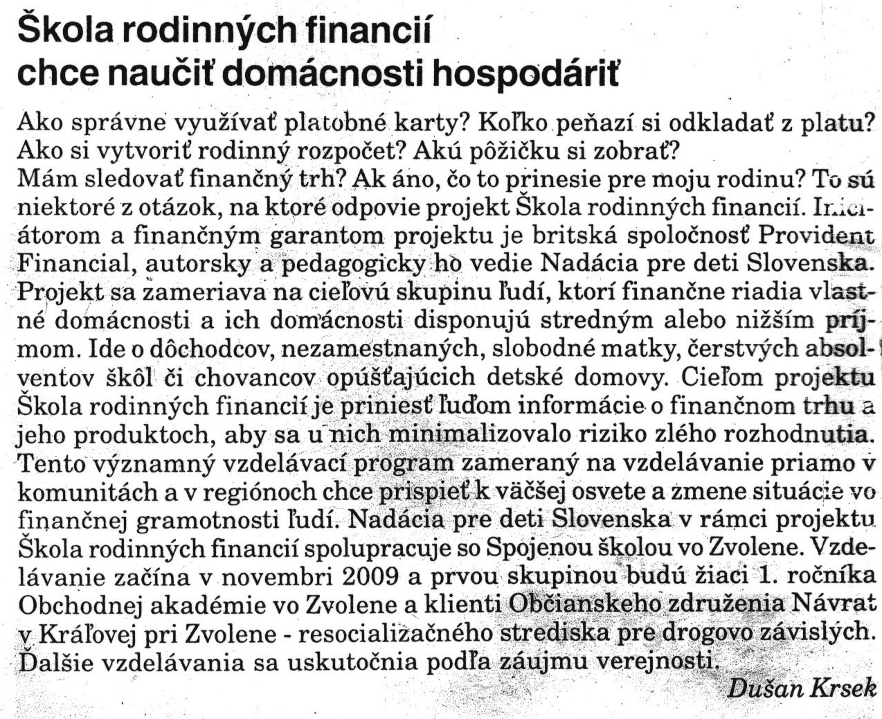 článok Zvolenských novín z 9. 11. 2009
